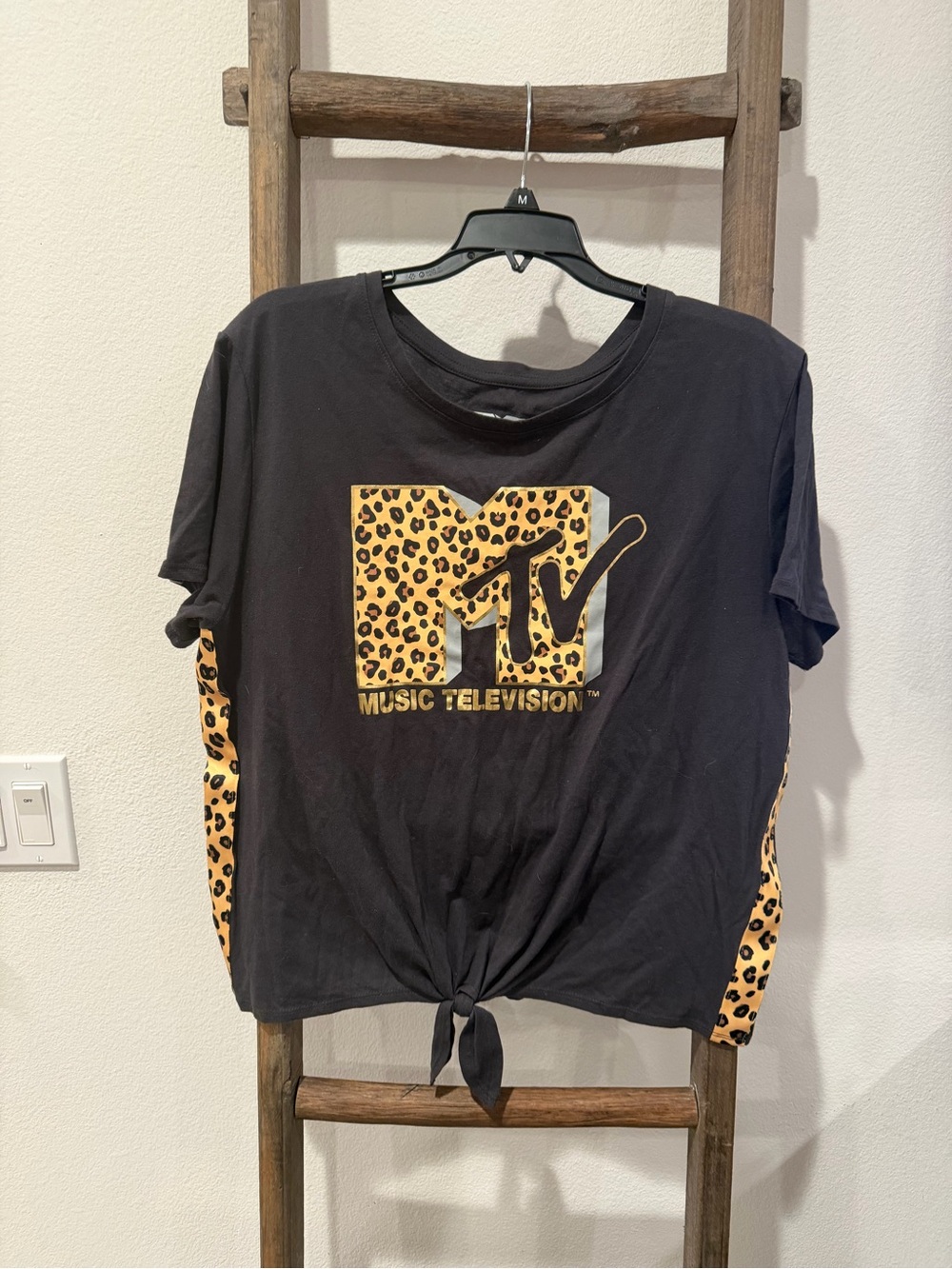 MTV White Logo on Black Tee with Leopard Trim